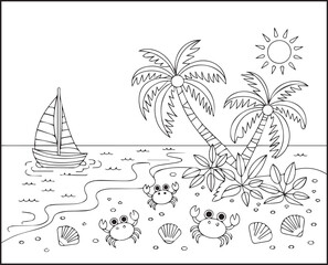 Beautiful beach landscape with sailboat and tree black line art vector illustration for coloring page or book design for children