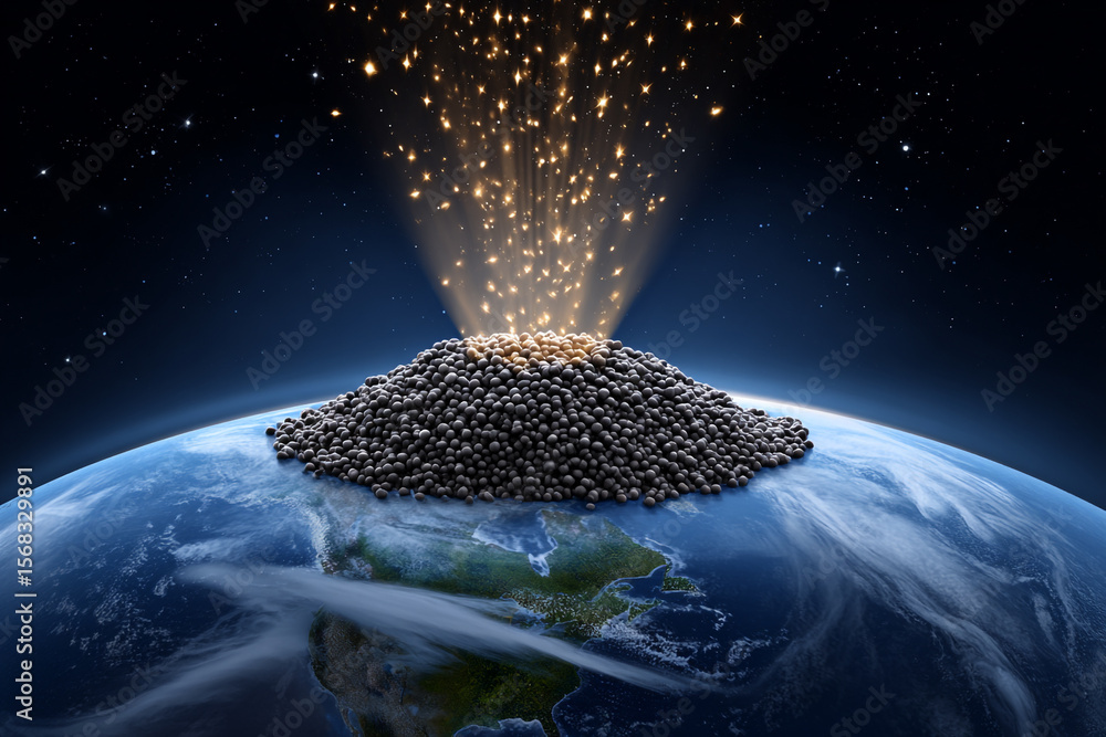 Poster conceptual image of sphere pile on earth with light rays in space digital art