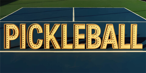 Vibrant Pickleball Court Illustration with Bold Marquee Sign Letters, Modern Sports Art, Blue and Green Background Design