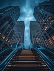 Modern cityscape with symmetrical staircase between tall glass buildings under moody sky

