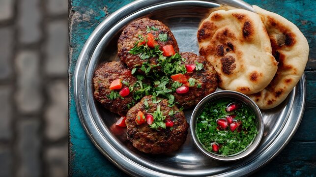 Pakistani chapli kebabs minced beef tomato coriander and crushed pomegranate seeds served with naan and mint chutney on a metal tray outdoor food street ambiance top down view