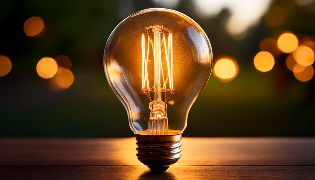 close up of a glowing incandescent light bulb with detailed filament on a dark surface and blurred background emitting a warm nostalgic light