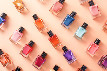 Colorful nail polish bottles arranged diagonally on a pastel background