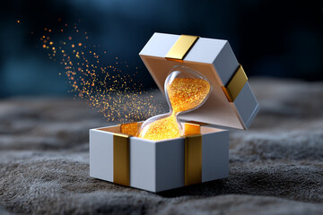 Hourglass in Gift Box with Golden Sand and Sparkling Particles Time Concept
