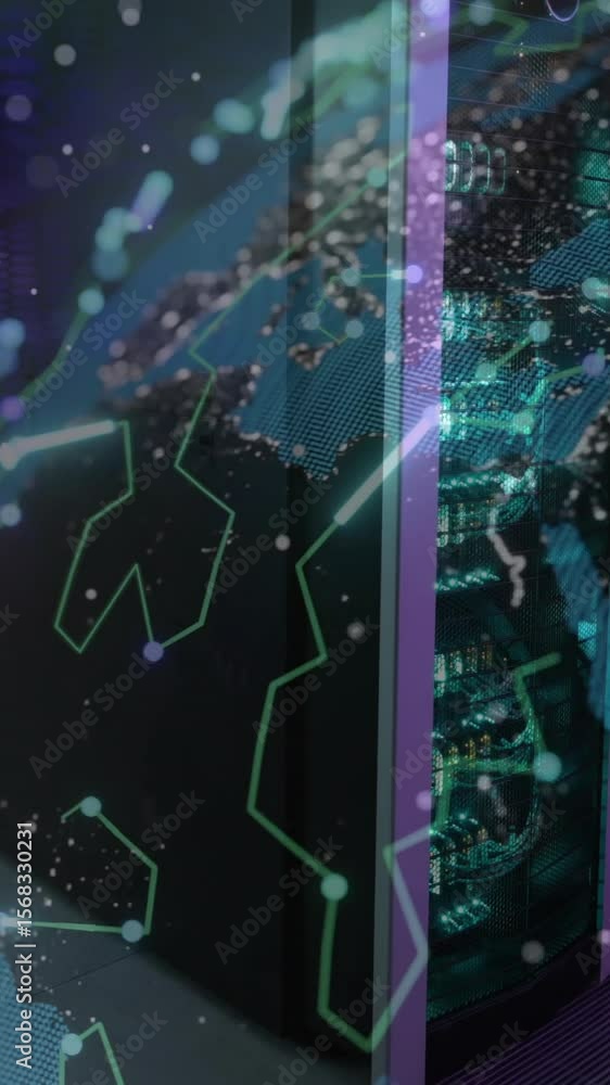Poster animation of globe with connections over computer server