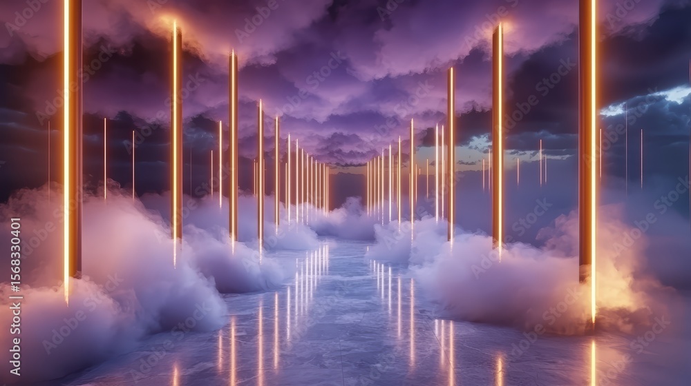 Poster long hallway with orange lights and clouds in the background. the lights are glowing and the clouds 