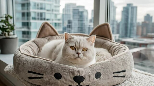 cute fluffy white cat lay on it's own bed at cozy condominium home with cityscape outside glass window as background