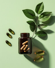 Minimalist flatlay supplement jar with softgel capsules and green leaves on green background