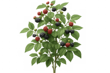 Blackberry plant with ripe and unripe fruits, green leaves, and a transparent background, perfect for food and nature-themed projects