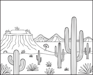 Desert with cactus trees landscape black line art vector illustration for coloring page or book design for children