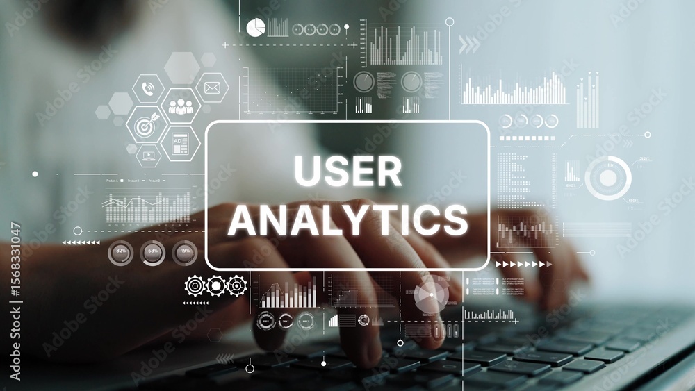 Poster hands typing on keyboard with user analytics data visualization for business intelligence and data a