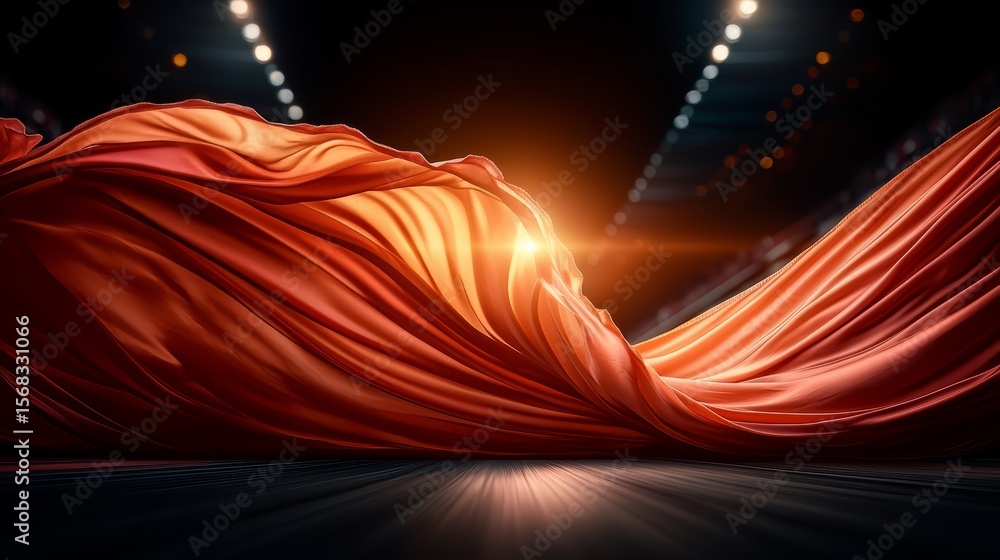 Poster long red fabric is shown with a bright orange sun shining on it. the image has a dreamy, ethereal qu