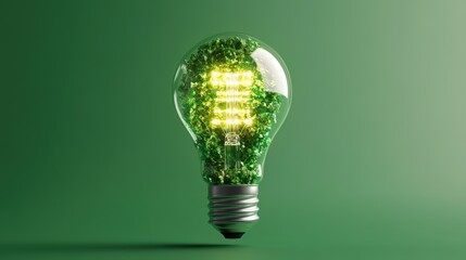 Bright energy-efficient eco friendly glowing light bulb with plant dot pattern on green background