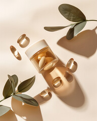 Minimalist flatlay supplement jar with softgel capsules and green leaves on beige background