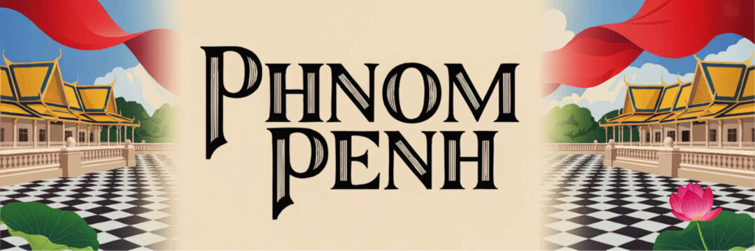 Phnom Penh Royal Palace Vector Illustration, Cambodian Landmark with Traditional Golden Roofs, Lotus Flowers, and Ornate Architecture