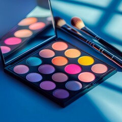A makeup palette mockup with vibrant colors, resting on a glossy table with some makeup brushes beside it