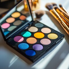 A makeup palette mockup with vibrant colors, resting on a glossy table with some makeup brushes beside it