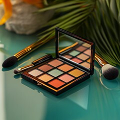 A makeup palette mockup with vibrant colors, resting on a glossy table with some makeup brushes beside it