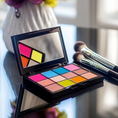 A makeup palette mockup with vibrant colors, resting on a glossy table with some makeup brushes beside it