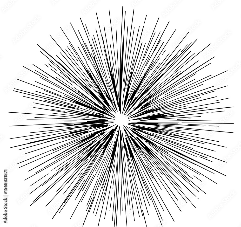 Poster radial burst: a monochrome line art illustration of an exploding star design, featuring dynamic line
