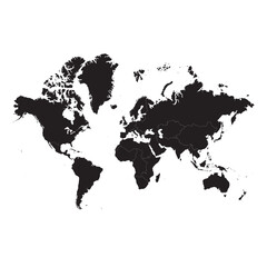 black silhouette world map with un geoscheme regions color-separated, isolated on white background, vector map