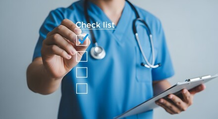 Medical professional completing a checklist, highlighting patient care and healthcare management efficiently in the medical field.
