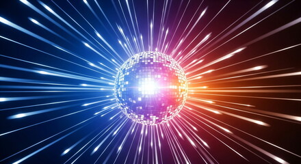 Disco ball spreading light rays on dark background. Vibrant lighting effect from mirror sphere for celebration party.