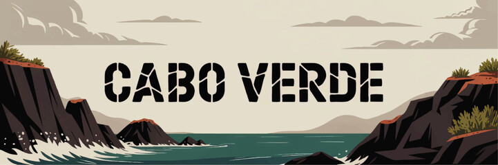 Cabo Verde Coastline Vector Illustration – Dramatic Cliffs, Ocean Waves, Modern Vintage Style Travel Poster, Nature Landscape Art