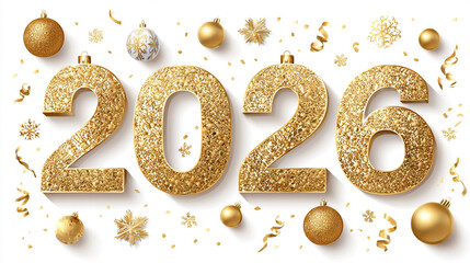 Glittering gold 2026 new year celebration festive decorations isolated on white background