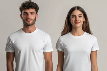 A male and female model side by side wearing plain white T-shirts