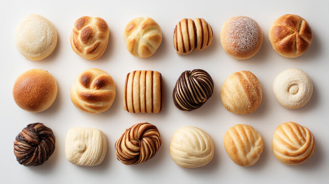 Overhead view of assorted freshly baked artisan bread rolls and buns displayed - Powered by Adobe