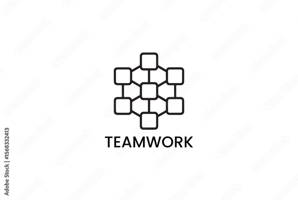 Poster abstract network of connected squares with the word teamwork isolated on white background