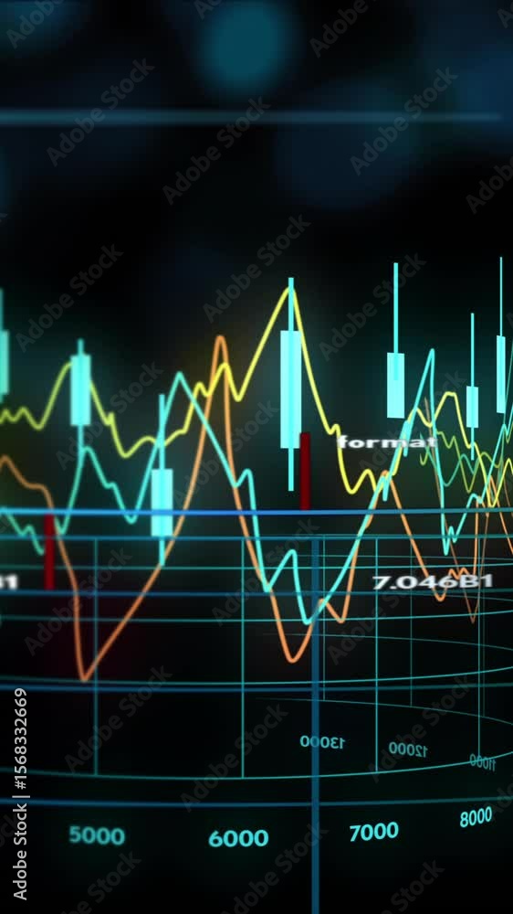 Poster animation of financial data processing over globe on black background