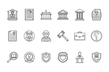 Set Law Justice Themed Linear Icons Featuring Court Buildings Legal Symbols judge