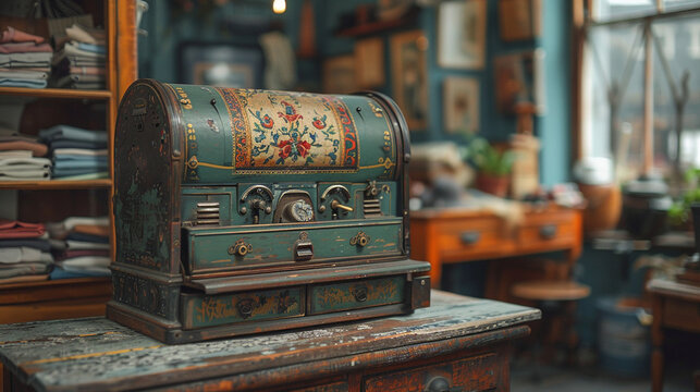 Ornate antique cash register in a vintage shop.  Intricate floral design on a teal-colored wooden box.  Display case with clothes, and old-fashioned interior design. - Powered by Adobe