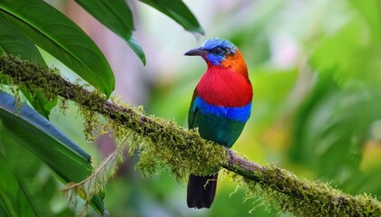 Obraz premium a tropical bird with vibrant colors perched in front of lush green foliage likely in its natural habitat