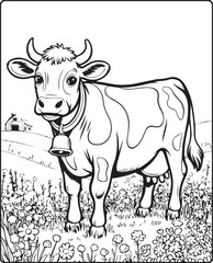 Fototapeta premium Cute cow in the field black vector outline illustration coloring page for kids