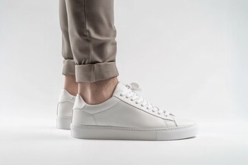 A male model wearing blank white sneakers, standing against a plain white background