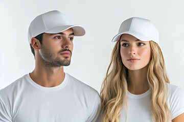 A man and woman side by side, both wearing blank white caps