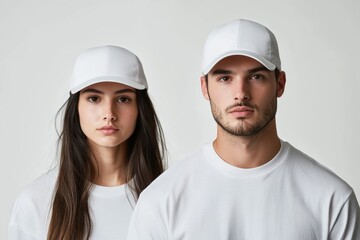 A man and woman side by side, both wearing blank white caps