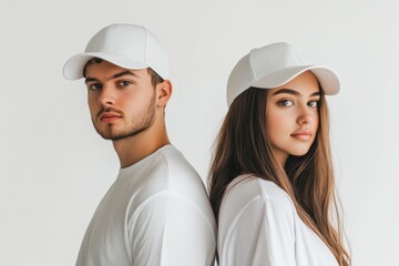 A man and woman side by side, both wearing blank white caps