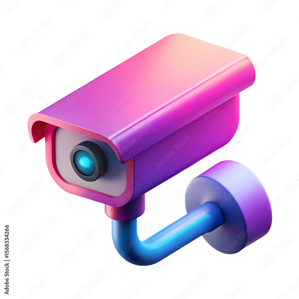 Poster isometric security camera surveillance system with pink and blue gradient for modern safety and moni