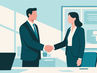 Business figures shake hands with each other, cooperate and communicate. Concept of Internet technology office scenarios, flat vector illustrations