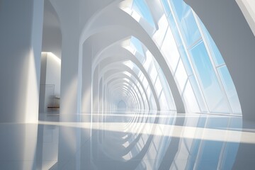 Modern white futuristic hallway is reflecting sunlight from large windows