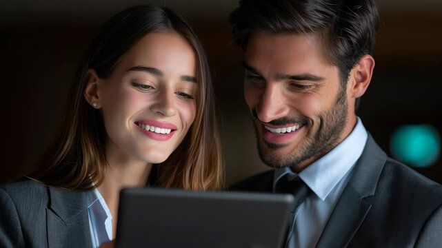 Smiling professional couple using tablet in modern office, highlighting teamwork and collaboration for effective productivity
