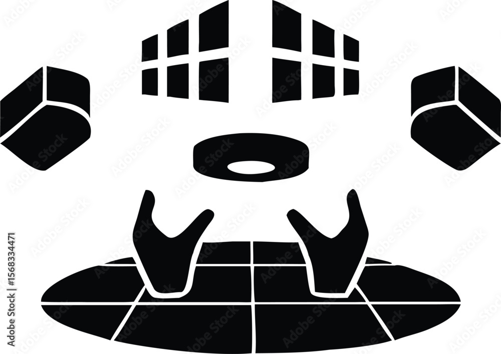 Poster black and white illustration of hands interacting with floating three dimensional cubes and a platfo