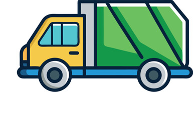 "Cartoon Garbage Truck Illustration: Green and Yellow Waste Collection Vehicle Icon for Recycling, Sanitation, Trash Removal, Environmental, and Municipal Service Design"