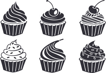 Vector art of six cupcakes with different toppings isolated on white background