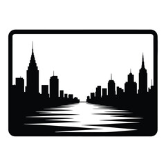 Obraz premium Tablet Floating Over Cityscape Silhouette, Vector, Illustration, Outline, Line Art, Icon, White Background.