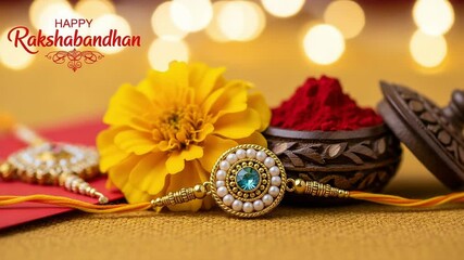Celebrate Rakshabandhan with traditional rakhis, vibrant flowers, and kumkum in a beautifully arranged festive display symbolizing love and protection